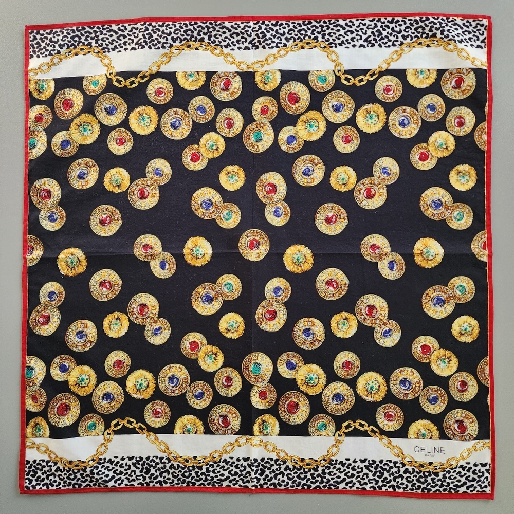 Celine Black & White Silk Bandanna with Gold, Red, Blue & Green Medallions EUC - Picture 2 of 15
